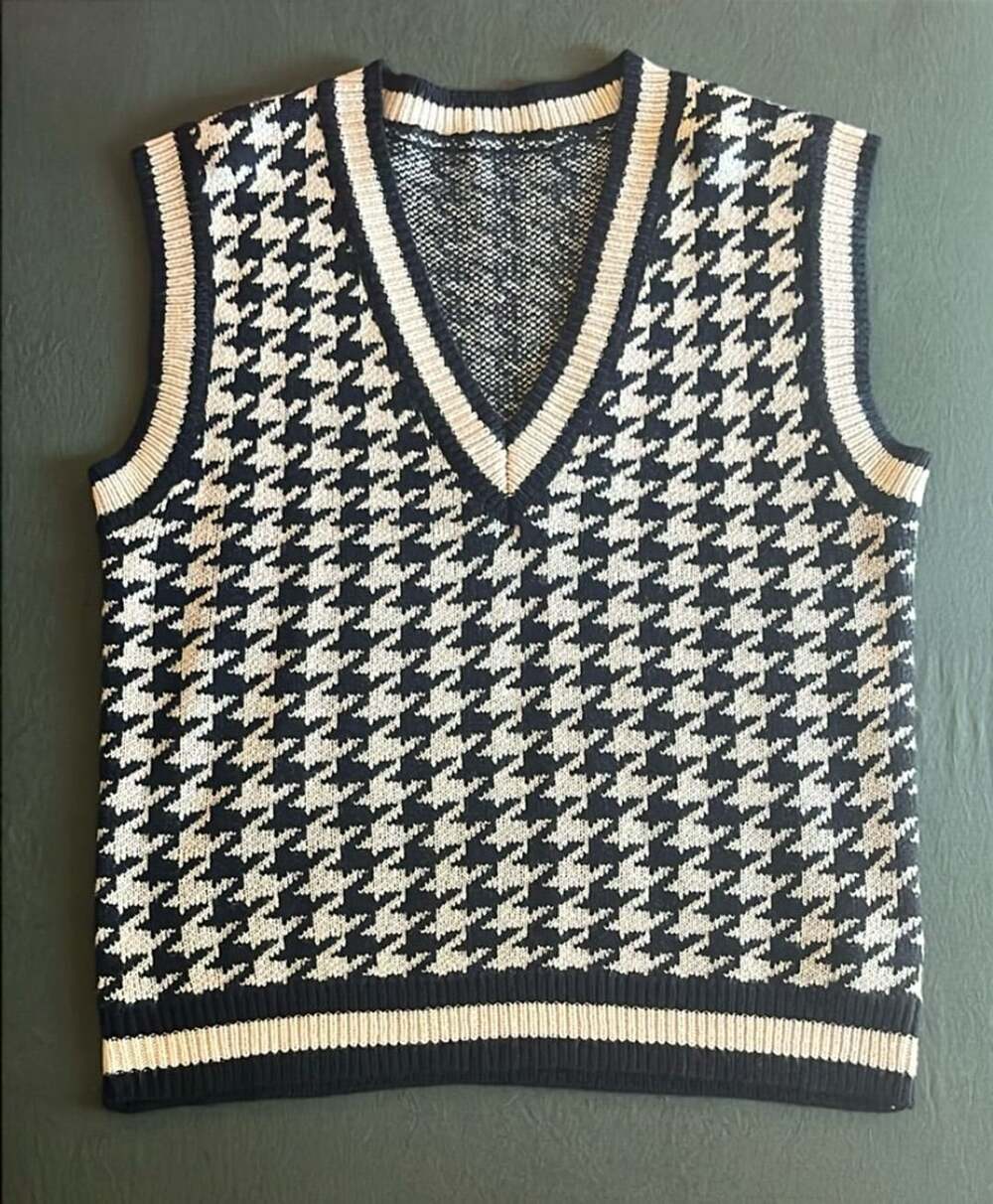 Brown and White Houndstooth V-Neck Knit Sweater Vest